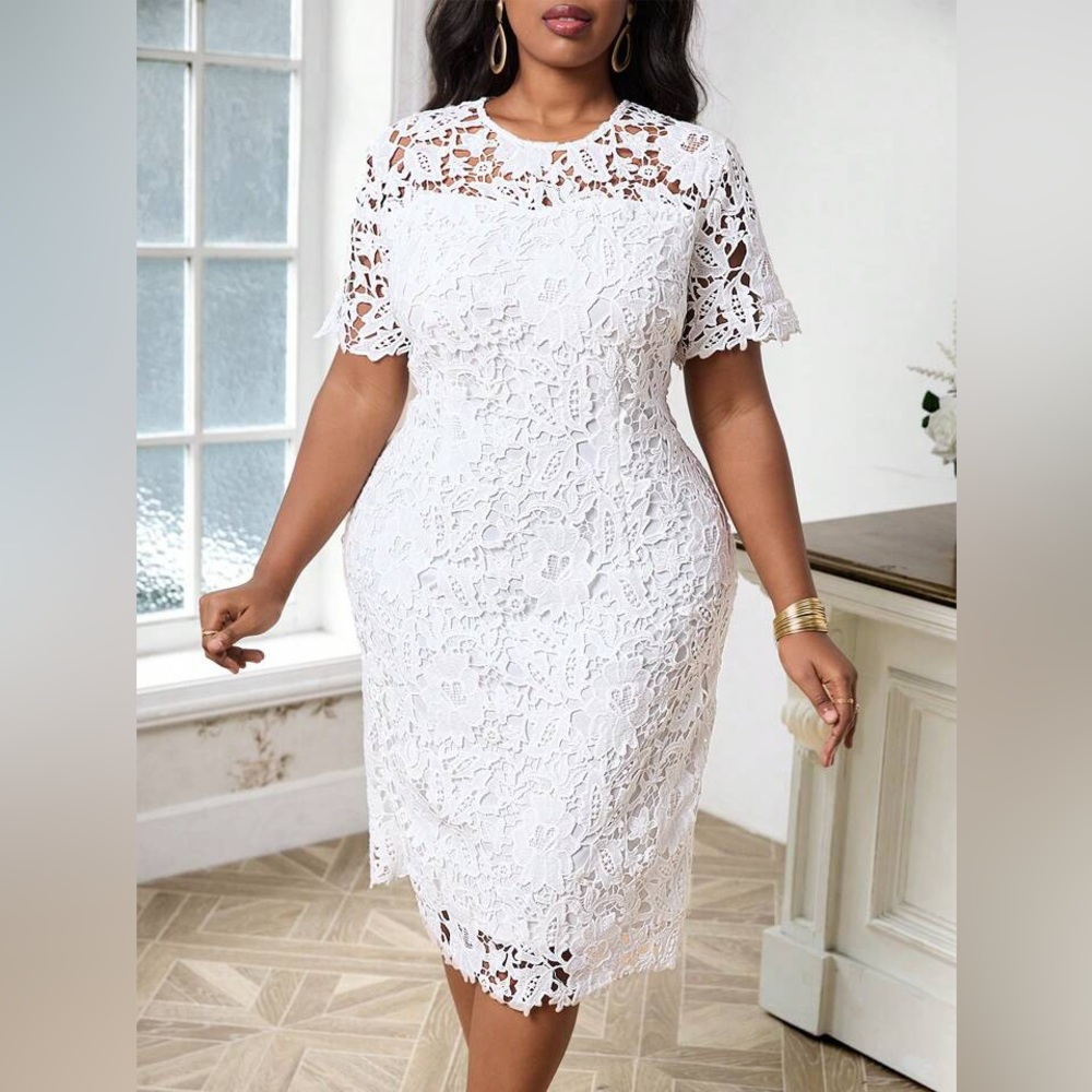 Pre-Owned White SHEIN Lady Elegant Lace Trim Fitted Dress